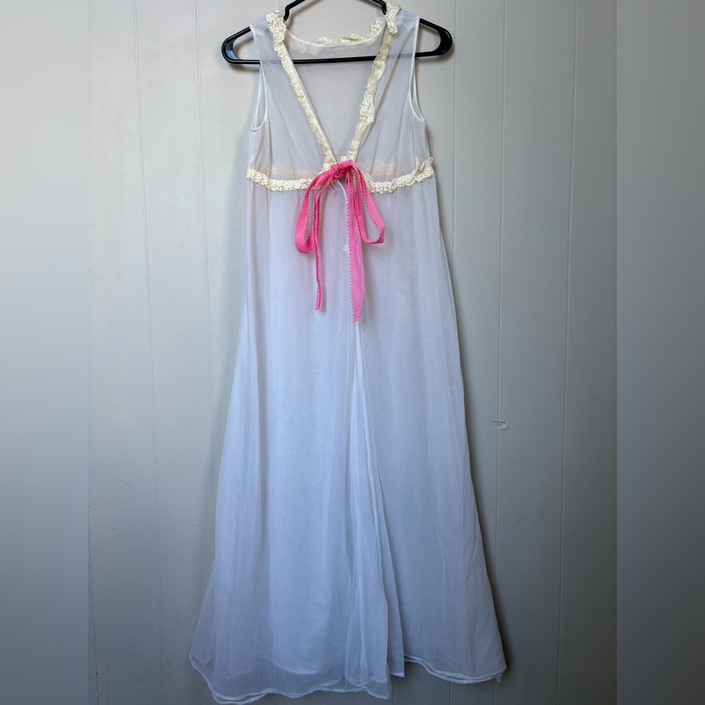 Vintage Boudoir Sheer White Night Dress with Pink Ribbon